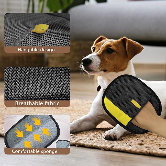 2pcs Set Pet Hair Remover Glove, Grooming Gloves for Dogs and Cats,Reusable Cat & Dog Hair Remover for Couch Furniture+Free Comb (Black)