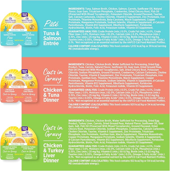 Wellness Complete Health Purrfect Duos, Adult Wet Cat Food, Natural, Protein-Rich, Grain-Free, 2.64 Ounce, 12 Pack, (Pate & Gravy Variety Pack)