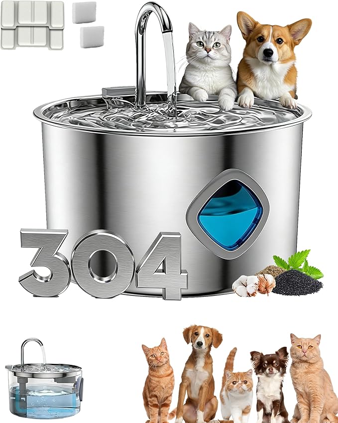 Dog Water Bowl, 3.2L Stainless Steel Dog Water Fountain with 10 Filter & Quadruple Filtration, Quiet Pump Fresh Water Bowl for Pets, Visible Water Level, Easy to Clean for Dog Cat (1 Pcs+2 Pcs Filter)