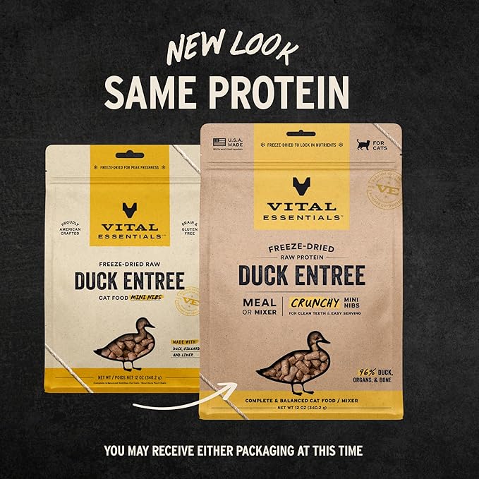 Vital Essentials Freeze Dried Cat Food, Raw Duck Crunchy Mini Nibs | Complete Meal or Topper | 96% Duck, Organs & Bone | Limited Ingredient, High Protein, Grain Free Dry Cat Food | 12 oz Bag