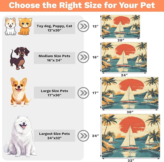 Coastal Ship Dog Food Mat for Floors Absorbent, Quick Dry Water Dispenser Mat for Food, Water, Pet Supplies 24" x 32", Sunset Palm Tree