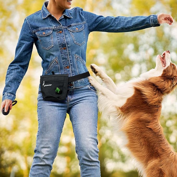 Gobeigo【Silicone Insert Bag Version】Dog Treat Pouch and Training Clicker, 2 Pair Magnetic Closure, 2 Cup Walking Fanny Pack with Poop Bag Dispenser, Metal Belt Clip &Waist Strap