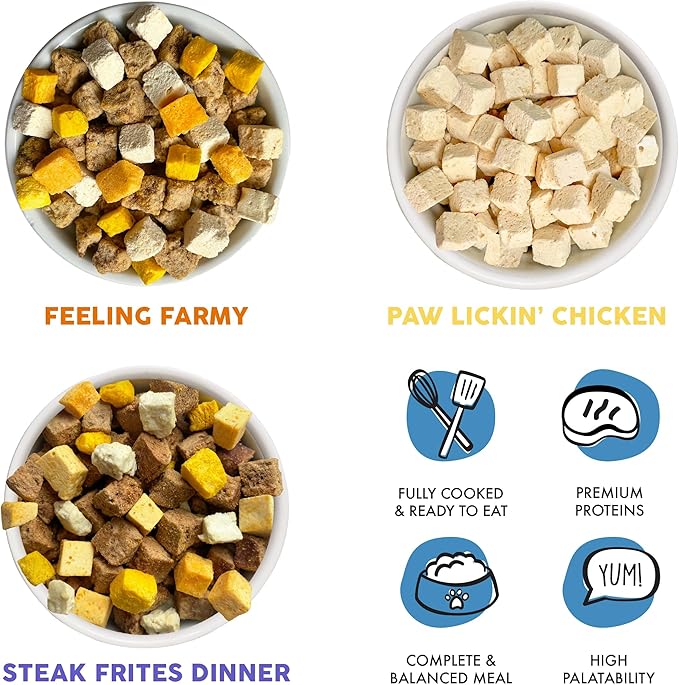 Weruva Sampler of All Freeze Dried Dog Food Recipes, Feeling Farmy, Paw Lickin Chicken, and Steak Frites Dinner (3 Pack, 1oz Bags)