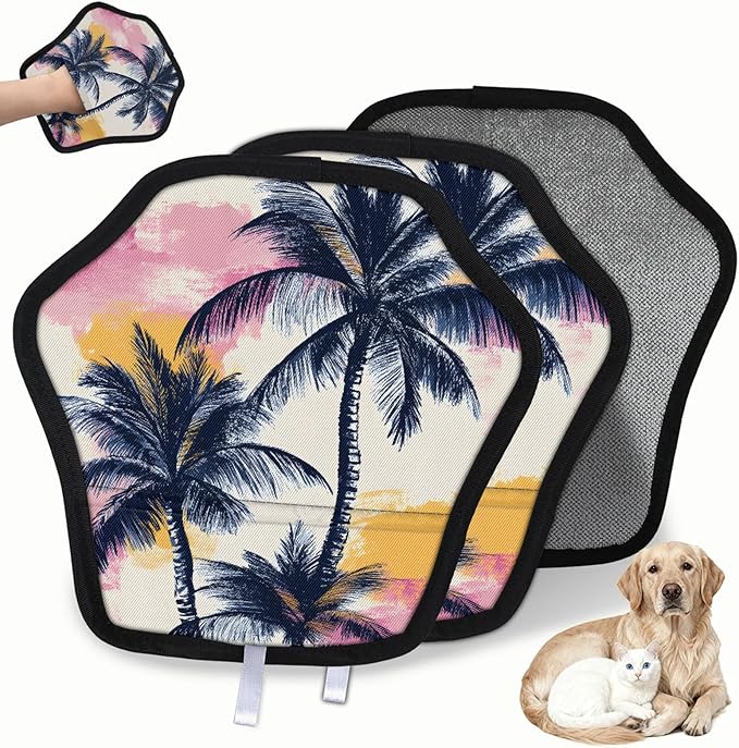 Reusable Pet Hair Removal Glove Palm Trees Themed Magic Brush for Cat & Dog Hair Remover for Car, Sofa, Bedding, Clothes - 9x9 Mitt Washable