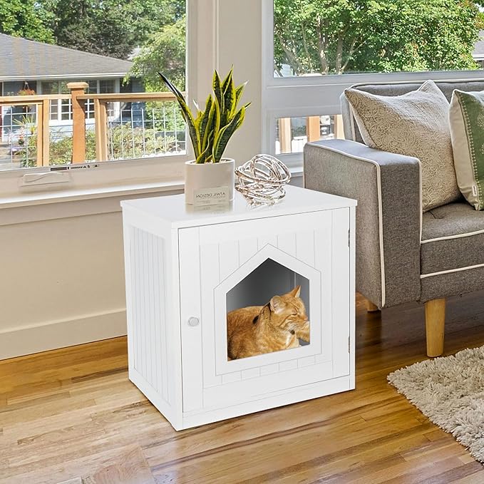 ZENY Cat House & Side Table, Pet Cat Litter Box Enclosure with Vent Holes, Wooden Enclosed Cat Washroom, White