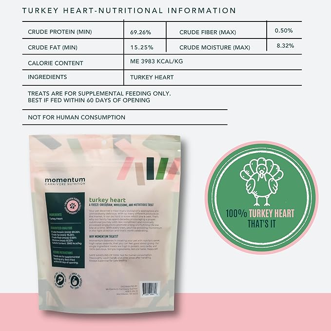 Momentum Carnivore Nutrition Freeze-Dried Turkey Heart Dog Treats & Cat Treats – Single-Ingredient, High-Protein, Grain-Free, Lean & Easily Digestible – Made in USA – 3 oz Bag