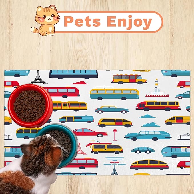 Cartoon Car Dog Food Mat for Floors Absorbent, Quick Dry Water Dispenser Mat for Food, Water, Pet Supplies 12" x 20", Cute Transportation