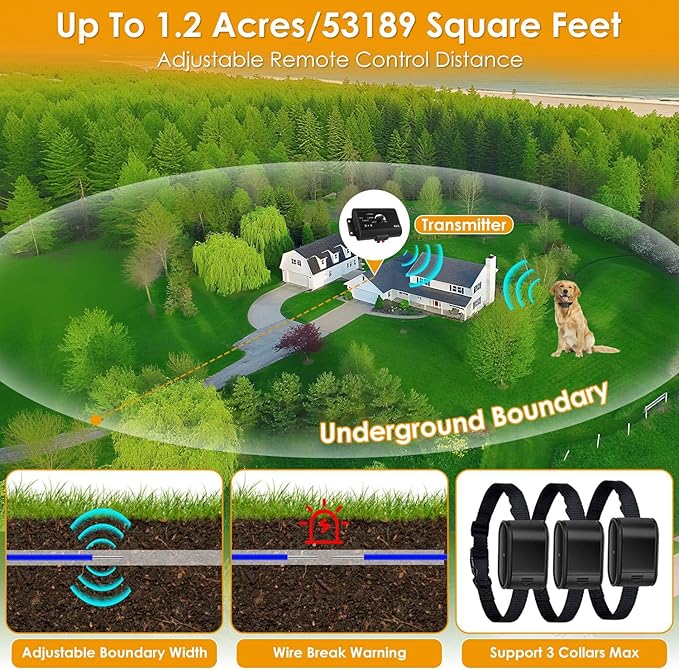Wireless Dog Fence System, 1.2 Acre Electric Pet Containment System with 2 Waterproof Rechargeable Shock Collar and 984Ft Underground Boundary Wire, Tone/Shock Correction for 2 Dogs