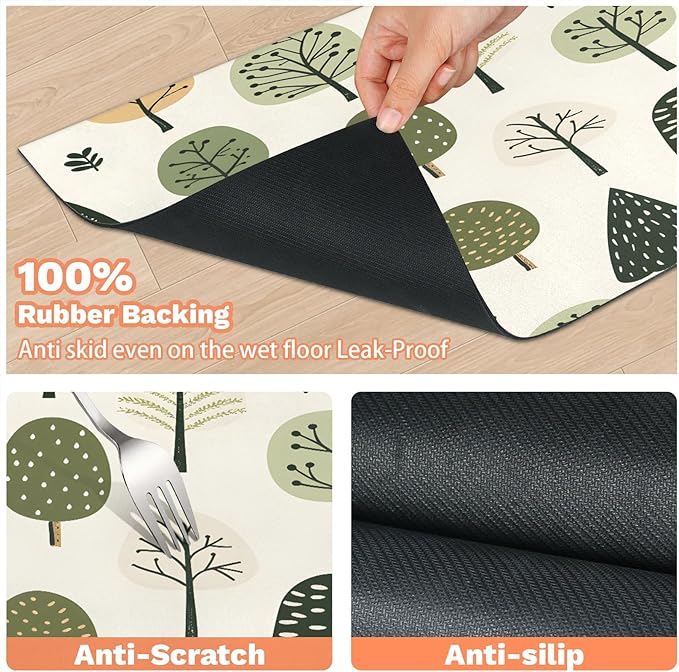 Cute Tree Dog Food Mat for Floors Absorbent, Quick Dry Water Dispenser Mat for Food, Water, Pet Supplies 17" x 30", Green Plant