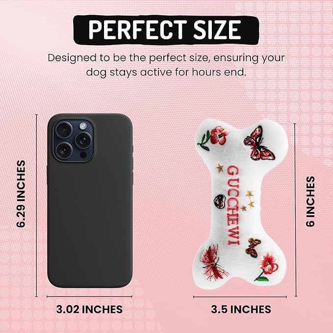 Dog Diggin Designs Gucchewi Butterfly Plush Dog Toy Bone | Luxury-Inspired Parody Designer Bone with Squeaker, Soft Plush Chew & Play Dog Toy – Prêt-à-Porter Play!