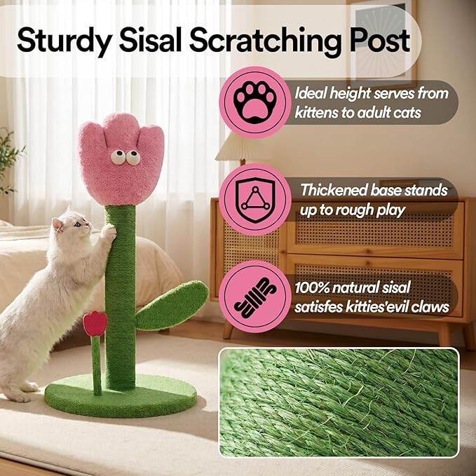 ZEZE Tulip Cat Scratching Post – Flower-Themed Cat Tree for Kittens & Adult Cats, Durable Sisal Rope Tower, Decorative Pet Furniture, Cute Home Design, Furniture Protection