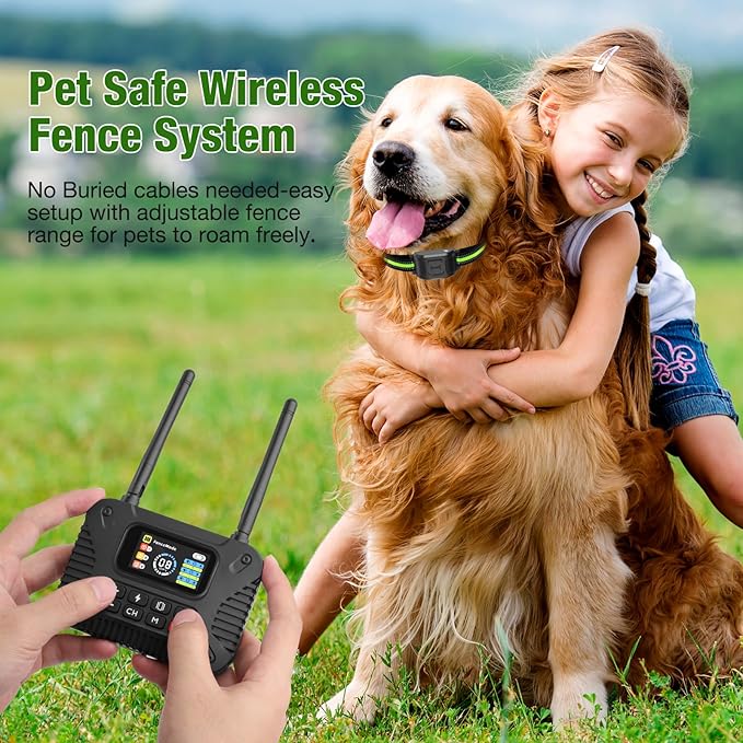 Wireless Dog Fence 2.4GHz Electric Fence for Dogs Wireless Fence for Dogs Portable Electric Dog Fence with Waterproof and Rechargeable Dog Training Collar (1 Controller & 1Collar)