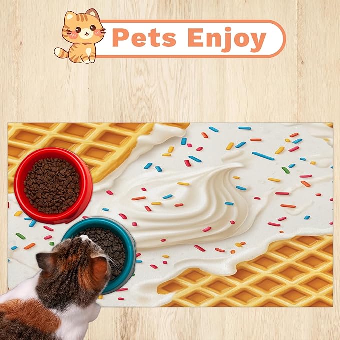 Ice Cream Dog Food Mat for Floors Absorbent Dog Bowl Mat for Food and Water Dispenser Quick Dry Cat Food Placemat Pet Supplies 24" x 32", Sweet Donut