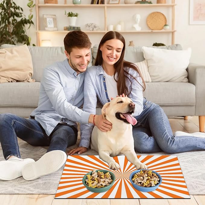 Striped Dog Food Mat for Floors Absorbent, Quick Dry Water Dispenser Mat for Food, Water, Pet Supplies 12" x 20", White Orange