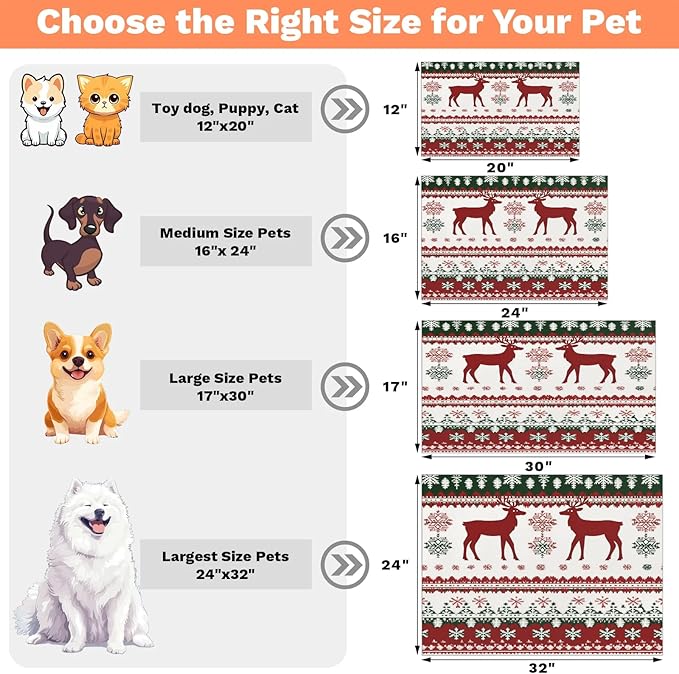 Christmas Elk Dog Food Mat for Floors Absorbent, Quick Dry Water Dispenser Mat for Food, Water, Pet Supplies 16" x 24", Xmas