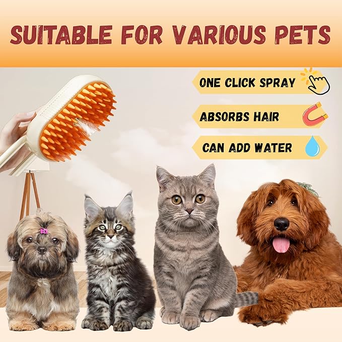 4-in-1 Cat Steam Brush | Rechargeable & Anti-Static | Massage & Cleaning | Shedding & Combing in One!