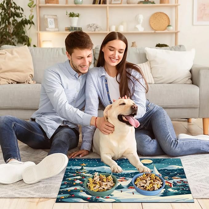 Christmas Xmas Dog Food Mat for Floors Absorbent, Quick Dry Water Dispenser Mat for Food, Water, Pet Supplies 17" x 30", Winter Village