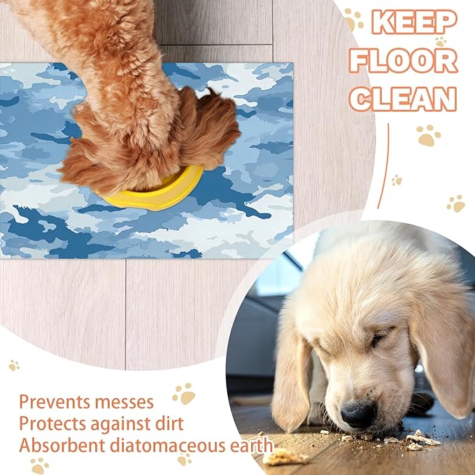 Blue Camo Dog Food Mat for Floors Absorbent Dog Bowl Mat for Food and Water Dispenser Quick Dry Cat Food Placemat Pet Supplies 24" x 32", Camouflage