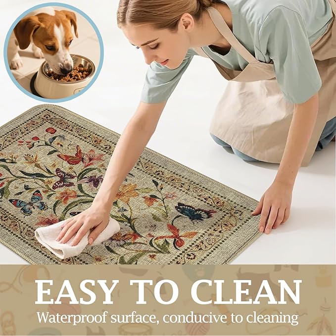 Dog Food Mats for Floors, Waterproof Quick Dry for Cat Bowl Food and Water, Eco-Friendly Accessories Pet Supplies(12"x20", Beige Color Flower)