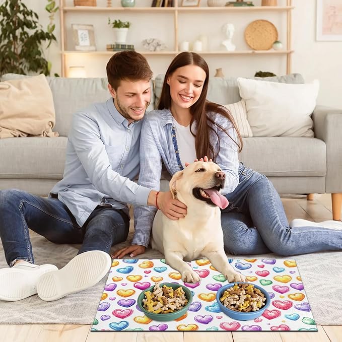 Valentine’s Day Dog Food Mat for Floors Absorbent, Quick Dry Water Dispenser Mat for Food, Water, Pet Supplies 24" x 32", Colorful Love Heart