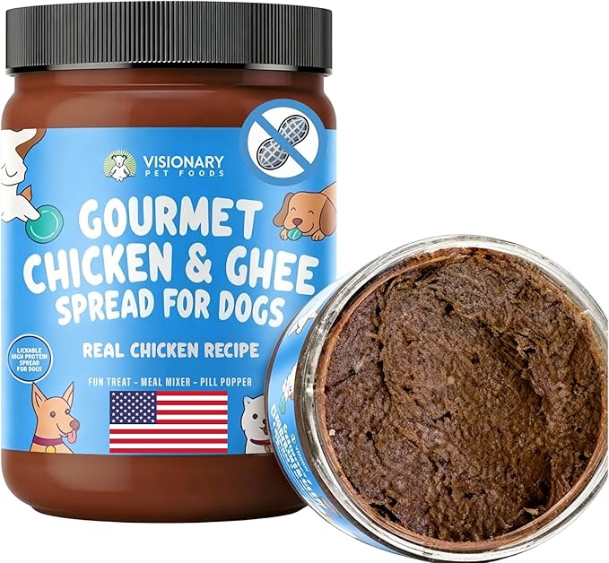 Visionary Pet Foods Chicken Meat Spread, Dog Safe and Natural Peanut Butter Alternative - Healthy Digestive Support, No Additives - Lick Mat Treats - 12oz Jar