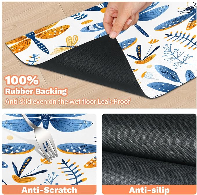 Boho Dragonfly Dog Food Mat for Floors Absorbent, Quick Dry Water Dispenser Mat for Food, Water, Pet Supplies 17" x 30", Wildflower