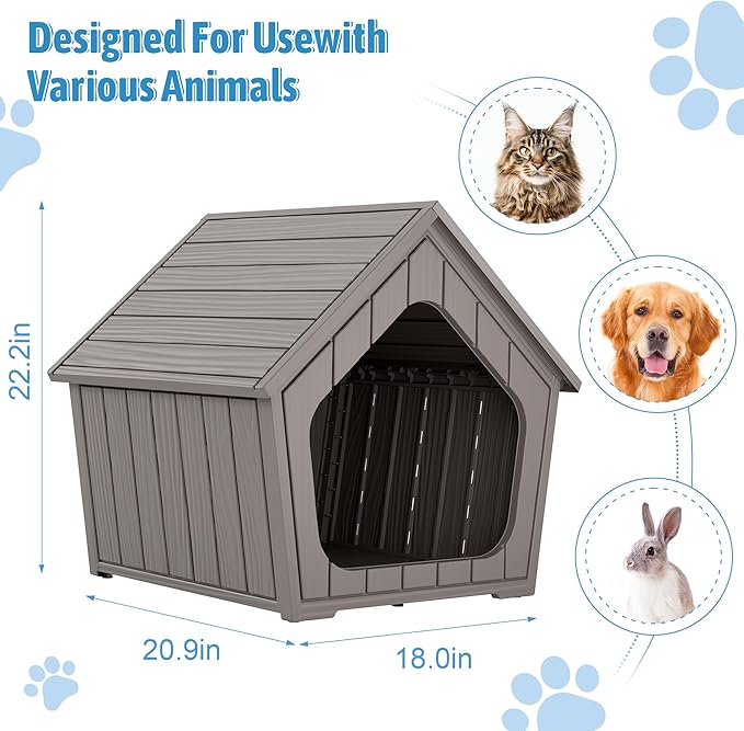 Fancyango Dog House Outdoor Indoor for Small Dogs - Plastic Pet Shelter, Easy-Assemble & Weather-Resistant for Living Room, Balcony (Classic Grey, 23.43" L×22.44" W×22.24" H)