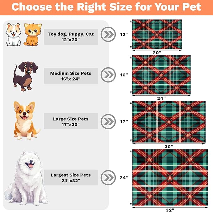 Buffalo Check Dog Food Mat for Floors Absorbent, Quick Dry Water Dispenser Mat for Food, Water, Pet Supplies 24" x 32", Green Red