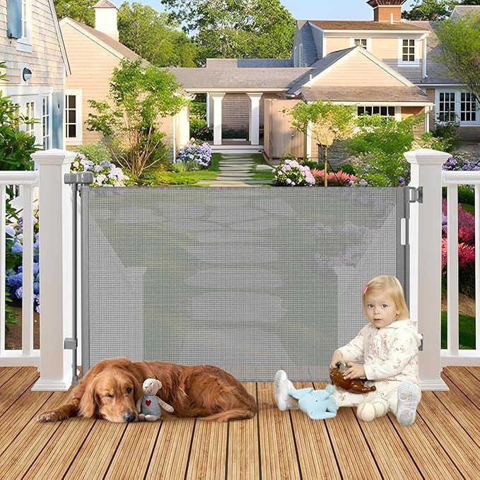 100" Wide Weatherproof Outdoor Retractable Dog Gate with No Rust Screws and Rods, Waterproof 8 Ft Retractable Baby Gates Extra Wide, Scratch-Resistant Mesh Long Baby Gates Indoor Extra Long, Gray