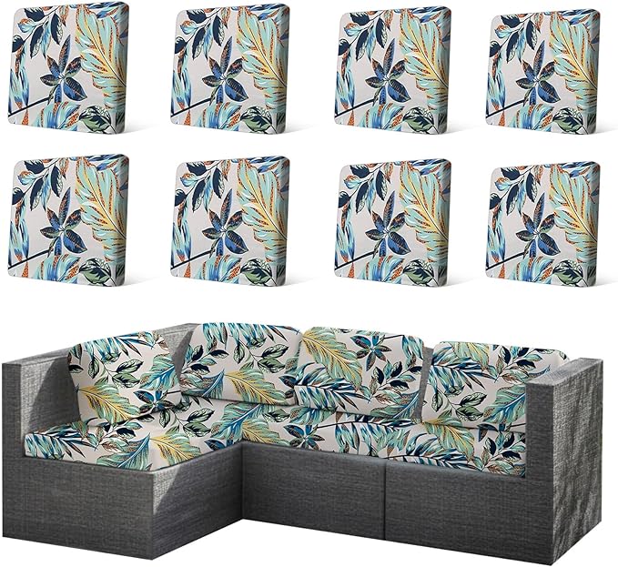 HANDONTIME 8Pcs Outdoor Patio Cushion Covers Leaves Palms Stretch Couch Cushion Cover Patio Couch Slipcover for Outdoor/Indoor Washable Non-Slip Furniture Protector for Pet (Blue, Cover Only)