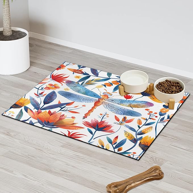 Dragonfly Wildflower Dog Food Mat for Floors Absorbent, Quick Dry Water Dispenser Mat for Food, Water, Pet Supplies 12" x 20", Flower Leaves