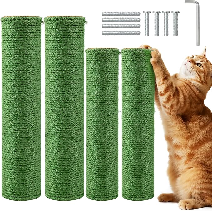 4 Pack Cat Scratching Post Replacement, 15.7 x 3.1 Inch Sisal Poles with M8 Screws, Refill Parts for Indoor Cat Towers and Furniture Repair-Green