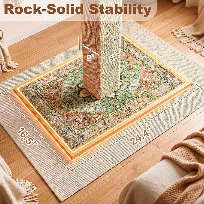 Tall Cat Scratching Post, 33" Boho Carpet Cat Scratcher with Perch for Indoor Cats, Large Base Sisal Scratch Post for Adults & Kittens with Dangling Ball Toy