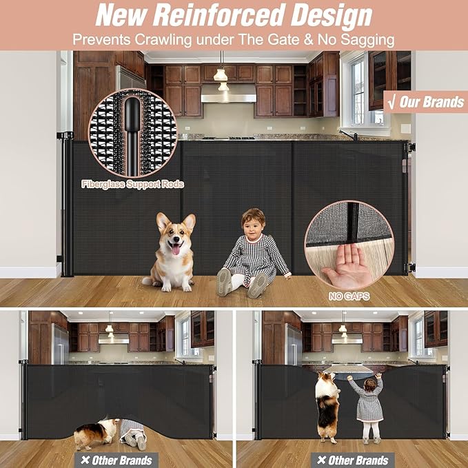 Reinforced 42" Tall x 75" Wide Retractable Baby Gate with Support Rods - Prevents Crawling Under Extra Tall Pet Gate Indoor Mesh Gate Outdoor Long Baby Gate Tall Dog Gates for Doorways, Black