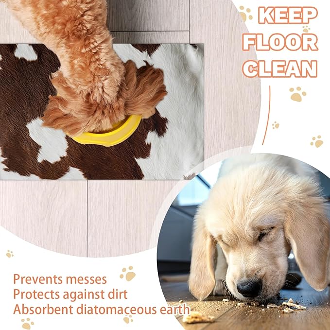 Brown Fur Dog Food Mat for Floors Absorbent Dog Bowl Mat for Food and Water Dispenser Quick Dry Cat Food Placemat Pet Supplies 17" x 30", Milk Cow Skin