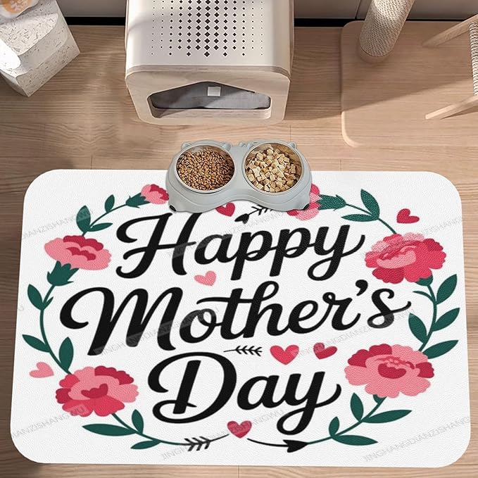 Dog Food Mat Happy Mother's Day Floral Gift for Mom Gk Absorbent Water Bowl Mats Cat Pet Feeding Placemats 18X12In