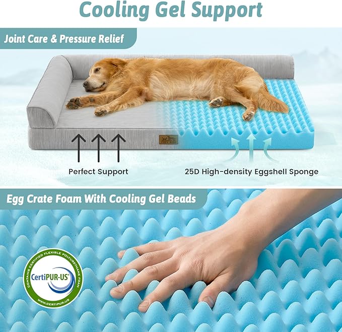 Cooling Dog Bed, Orthopedic Foam Dog Bed with Sides, Removable Cover & Waterproof Lining and Nonskid Bottom, Comfortable Pet Beds for Dogs, Grey (42" L x 30" W x 7" Th)