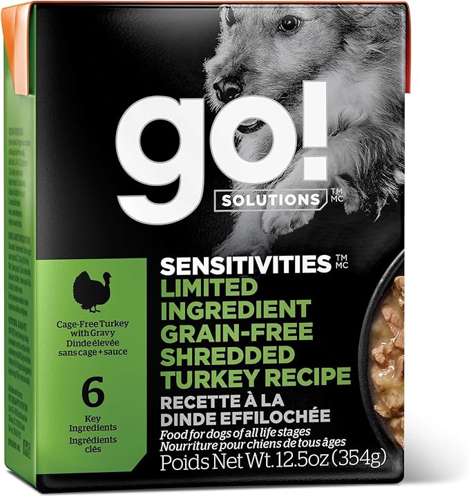 Go! Solutions Sensitivities Limited Ingredient Grain-Free Shredded Turkey, Chicken-Free, Soft Wet Dog Food for Sensitive Stomachs & Food Allergies, for Puppies, Adults, & Seniors, 12.5 oz