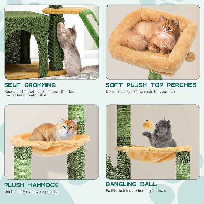 YITAHOME 37in Tall Cactus Cat Tree Tower: Cute Kitten Climbing Tower with Self-Grooming Brush, for Indoor Cats with Kitty Condo Plush Platform Hammock Sisal Scratching Posts Dangling Ball
