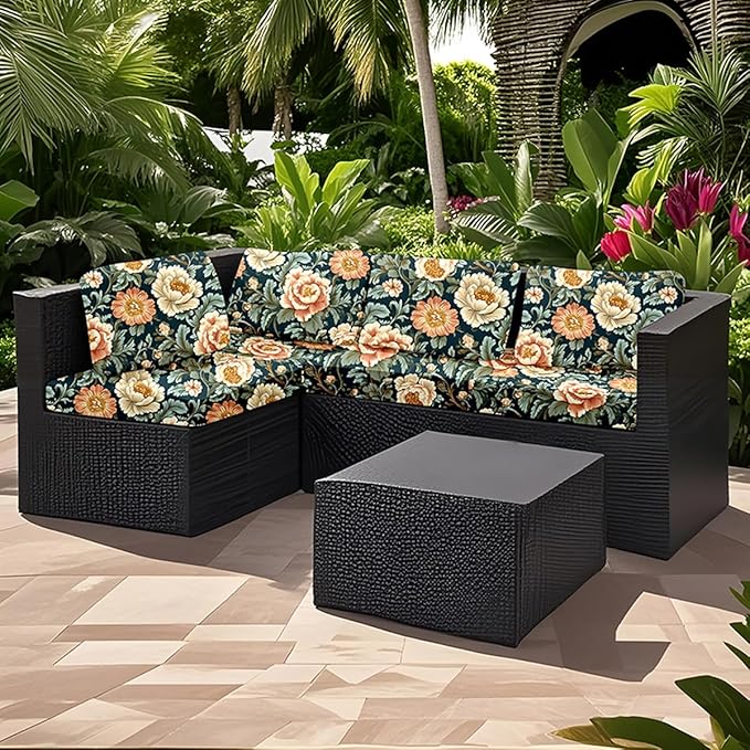HANDONTIME 8Pcs Outdoor Patio Cushion Covers Pink Peony Stretch Couch Cushion Cover Patio Couch Slipcover for Outdoor/Indoor Washable Non-Slip Furniture Protector for Pet (Navy, Cover Only)