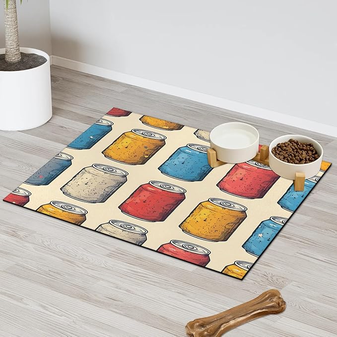 Vintage Beverage Dog Food Mat for Floors Absorbent Dog Bowl Mat for Food and Water Dispenser Quick Dry Cat Food Placemat Pet Supplies 16" x 24", Colorful