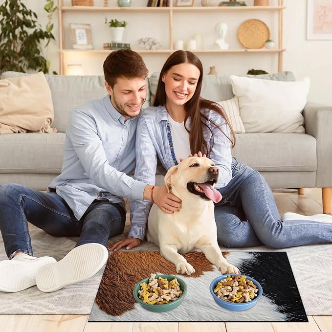 Cow Print Dog Food Mat for Floors Absorbent Dog Bowl Mat for Food and Water Dispenser Quick Dry Cat Food Placemat Pet Supplies 17" x 30", Black Brown Skin