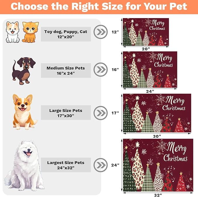 Christmas Tree Dog Food Mat for Floors Absorbent, Quick Dry Water Dispenser Mat for Food, Water, Pet Supplies 24" x 32", Merry Christmas