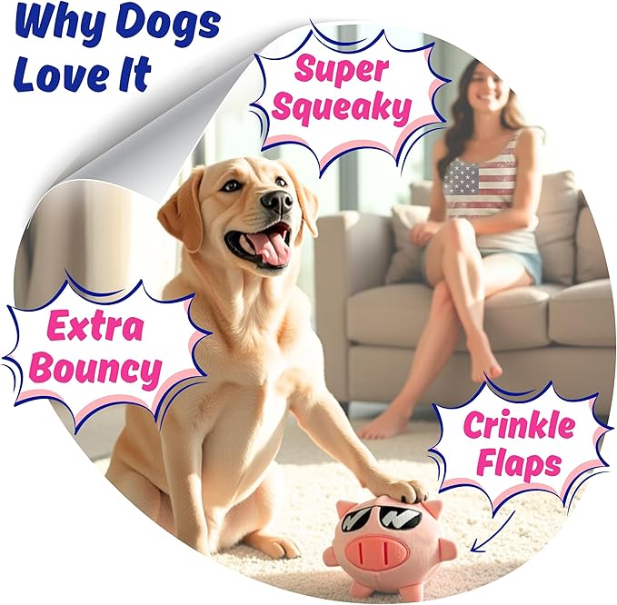 3 in 1 Squeaky Soft Plush Durable Dog Chew Toy for Aggressive Chewers, No Stuffing Interactive Tough Rip & Reveal Crinkle Pink Pig Ball in Gift Box, Puppy, Small & Large Breed Pets Birthday Present
