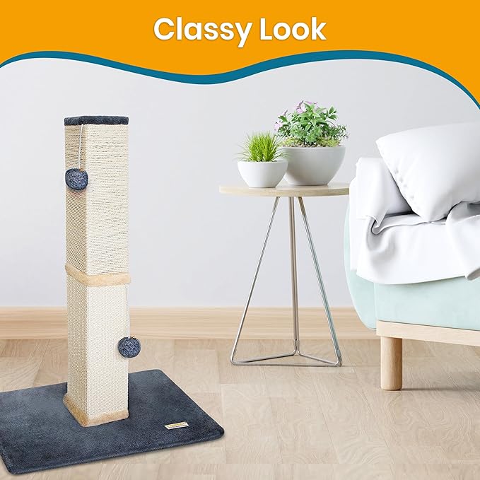 Pawbee 32" Cat Scratching Post Tower with Jingle Bells and Plush Balls, Sisal Tower with Larger Base for Better Stability, Beige