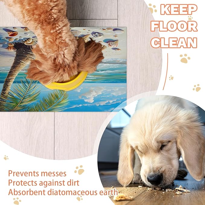 Seashell Dog Food Mat for Floors Absorbent, Quick Dry Water Dispenser Mat for Food, Water, Pet Supplies 24" x 32", Palm Tree