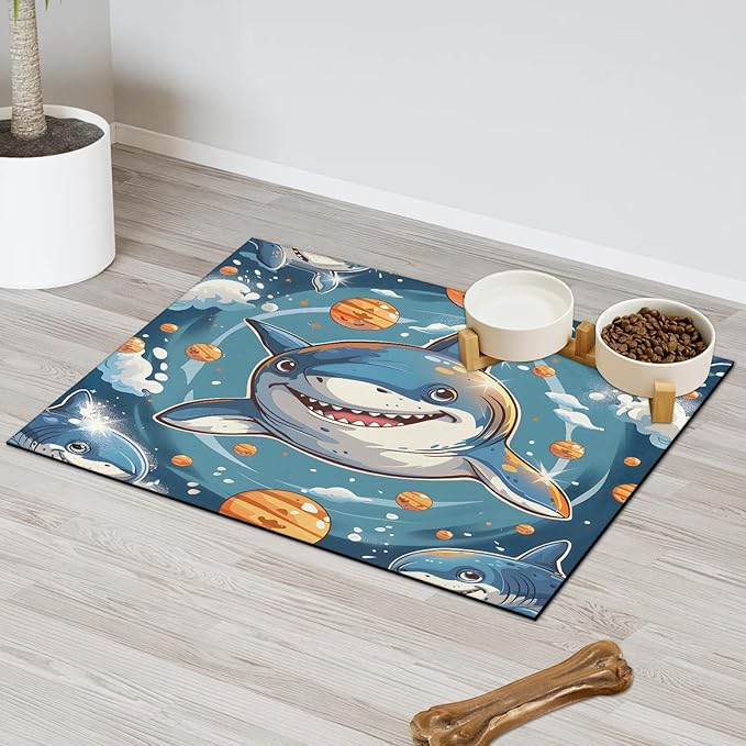 Cute Sharks Dog Food Mat for Floors Absorbent Dog Bowl Mat for Food and Water Dispenser Quick Dry Cat Food Placemat Pet Supplies 16" x 24", Funny Animal