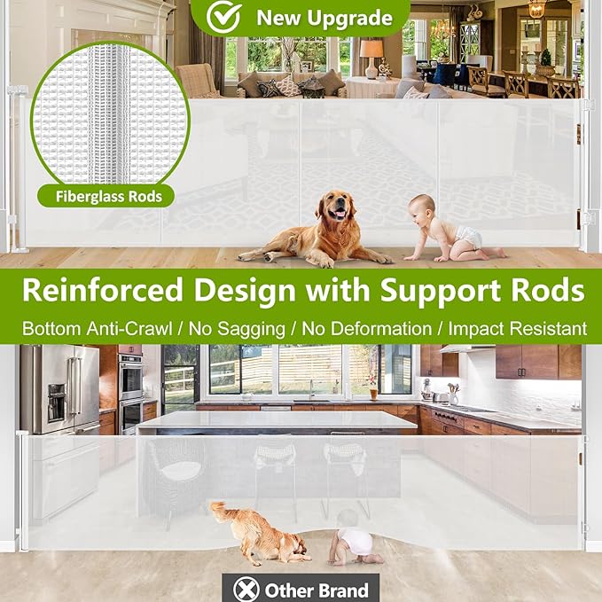 Reinforced 42" Tall x 195" Extra Wide Retractable Baby Gate with Support Rods - Prevent Crawling Under, Extra Large Baby Gate Retractable Dog Gate Indoor Tall Dog Gate Outdoor Gates for Decks, White