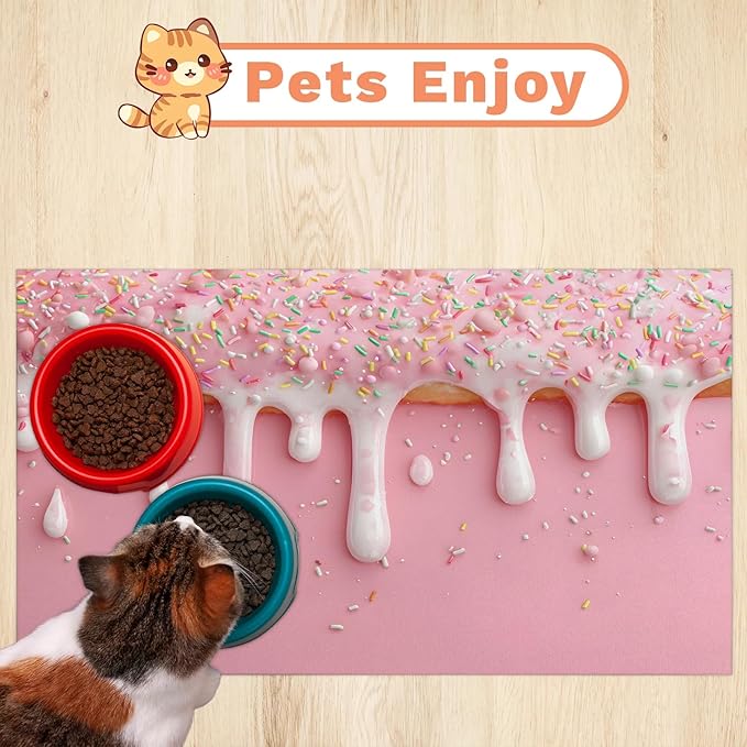 Ice Cream Dog Food Mat for Floors Absorbent Dog Bowl Mat for Food and Water Dispenser Quick Dry Cat Food Placemat Pet Supplies 12" x 20", Pink Sweet