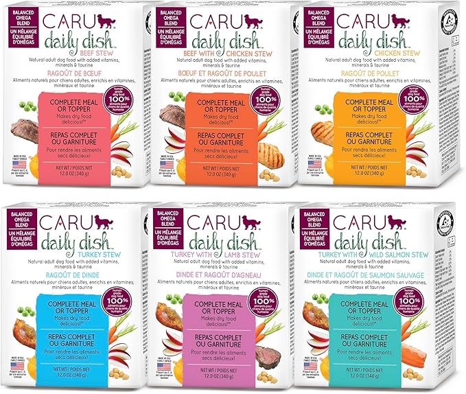 Caru - Daily Dish Beef, Chicken, Turkey, Beef with Chicken, Turkey with Chicken, & Turkey with Lamb Stew - Wet Dog Food/Meal Topper - Made in USA - 12 oz - Variety Pack of 6